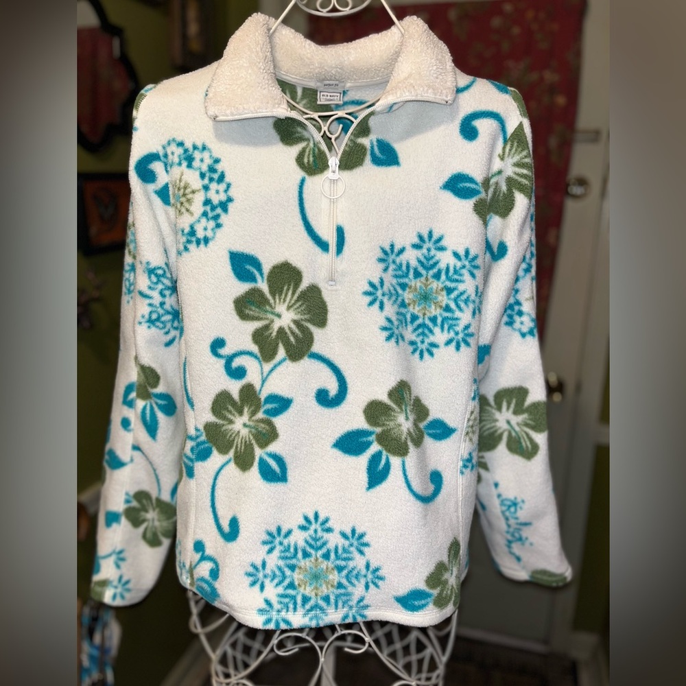 Vintage Y2K Old Navy Ivory Blue Green Snowflakes Hibiscus Floral Fleece XL